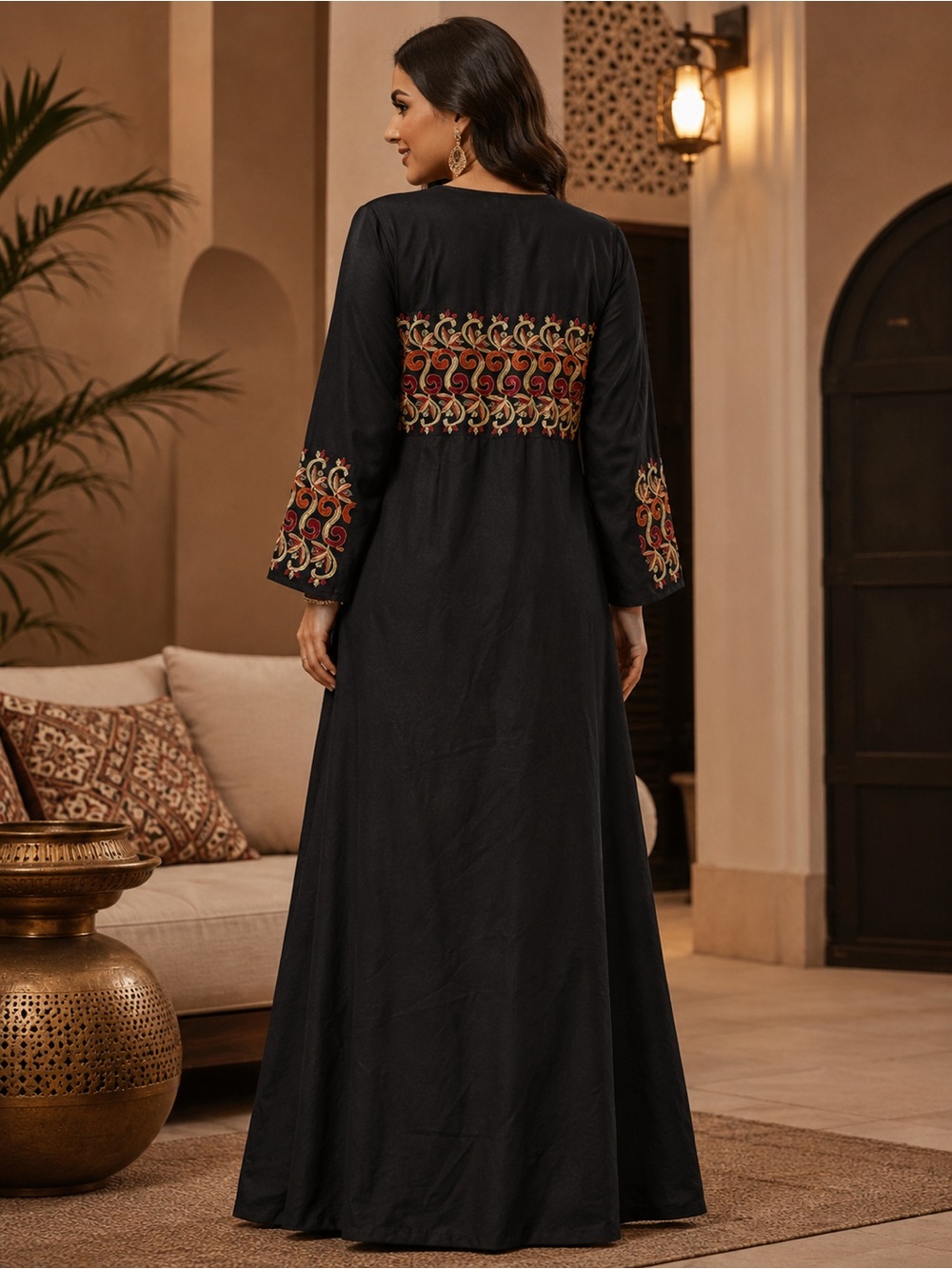 Galabiya kaftan Embroidered Black Maxi Dress with Red & Gold Accents - Picture 2 of 7